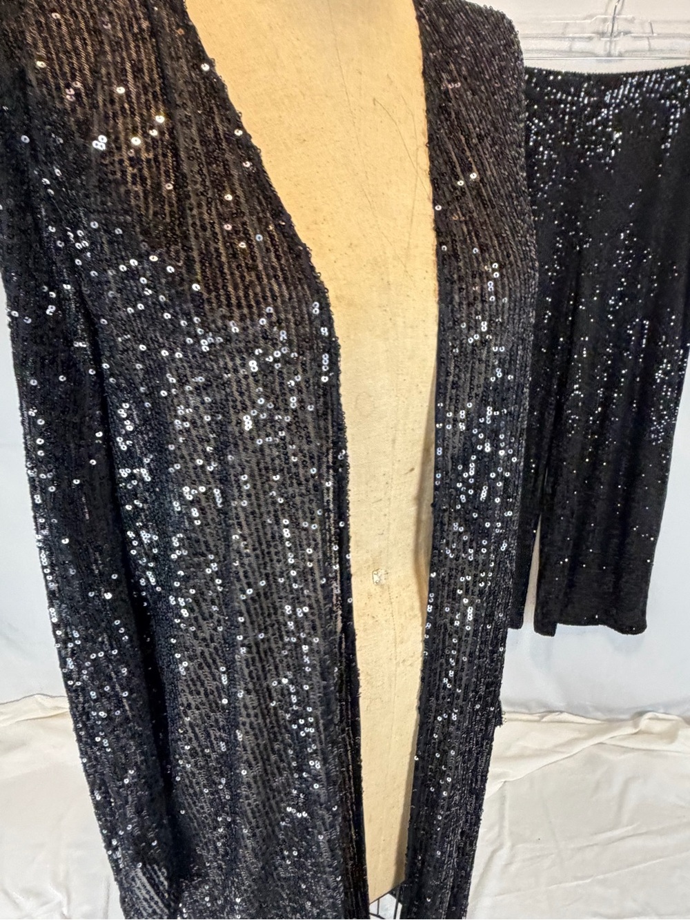 Black sequin sparkle party suit pants duster cardigan jacket set glam bling - Picture 5 of 13